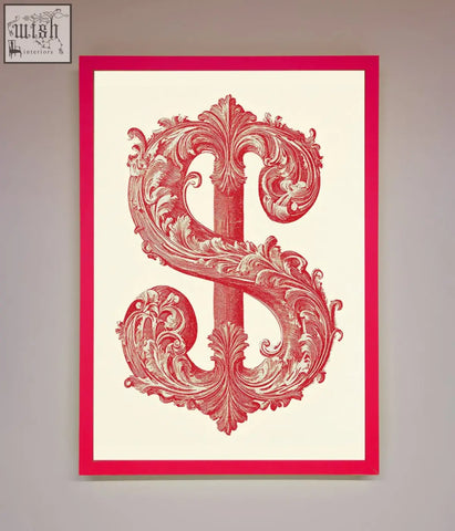 A vibrant red-framed print featuring ornate dollar cash art in deep crimson on a cream-colored background