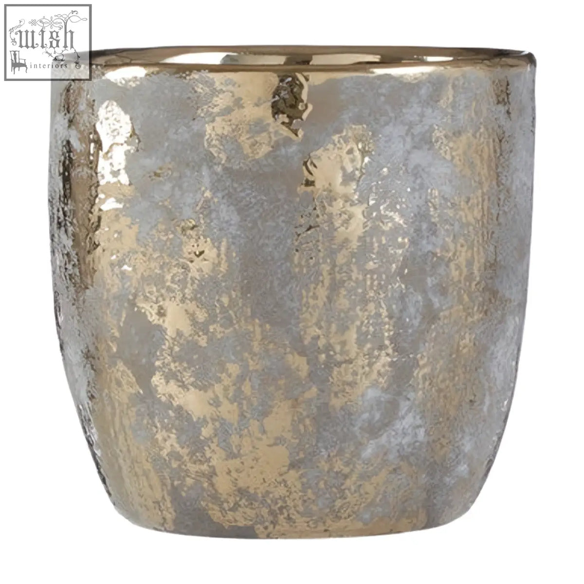 A hammered gold and silver metallic candle holder with a flared rim paired with a large grey and gold ceramic planter