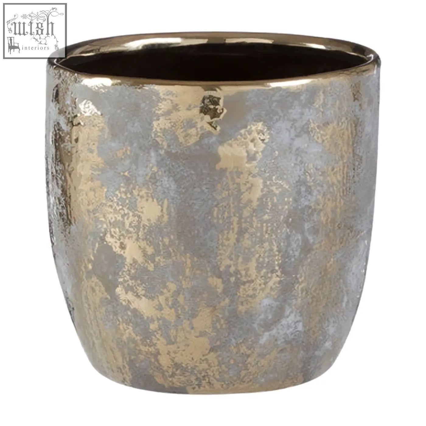 Orvena large grey and gold ceramic planter with hammered metallic texture and distressed silver and gold finish