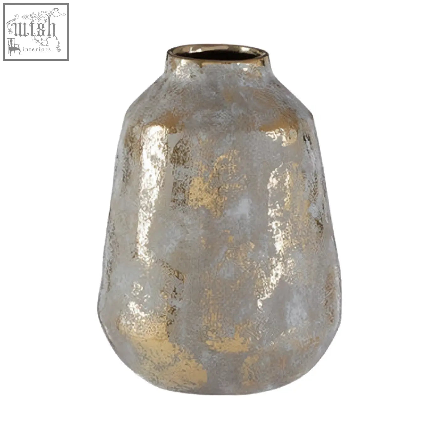 A textured medium grey and gold ceramic vase with a mottled metallic finish perfect for home decor