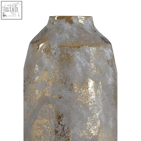 Orvena medium grey and gold ceramic vase with distressed silver and gold textured metallic finish