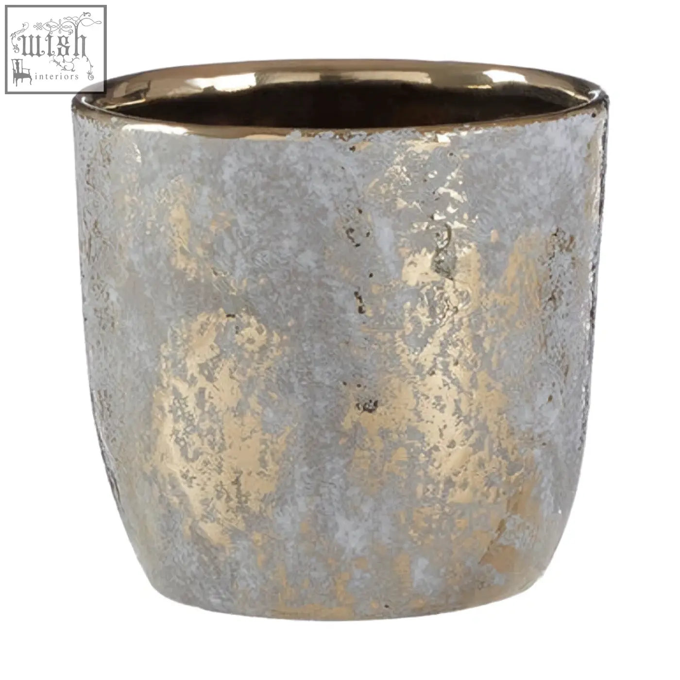 A rustic small grey and gold ceramic planter with a distressed metallic finish perfect for indoor plants