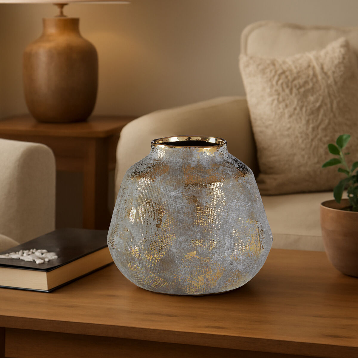 Orvena small grey ceramic vase with textured silver and gold metallic finish and glossy golden rim