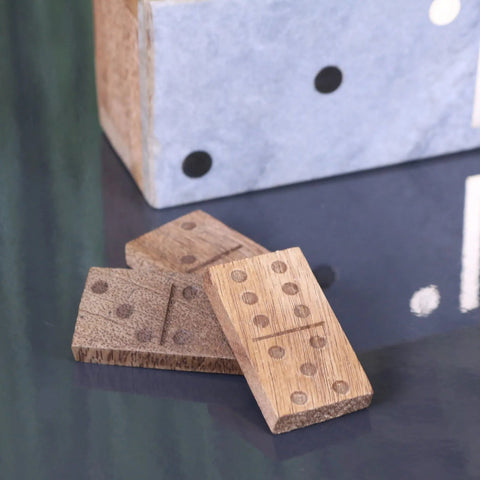 Light brown wooden luxury dominoes set with natural grain and engraved black dots from osian marble lid collection