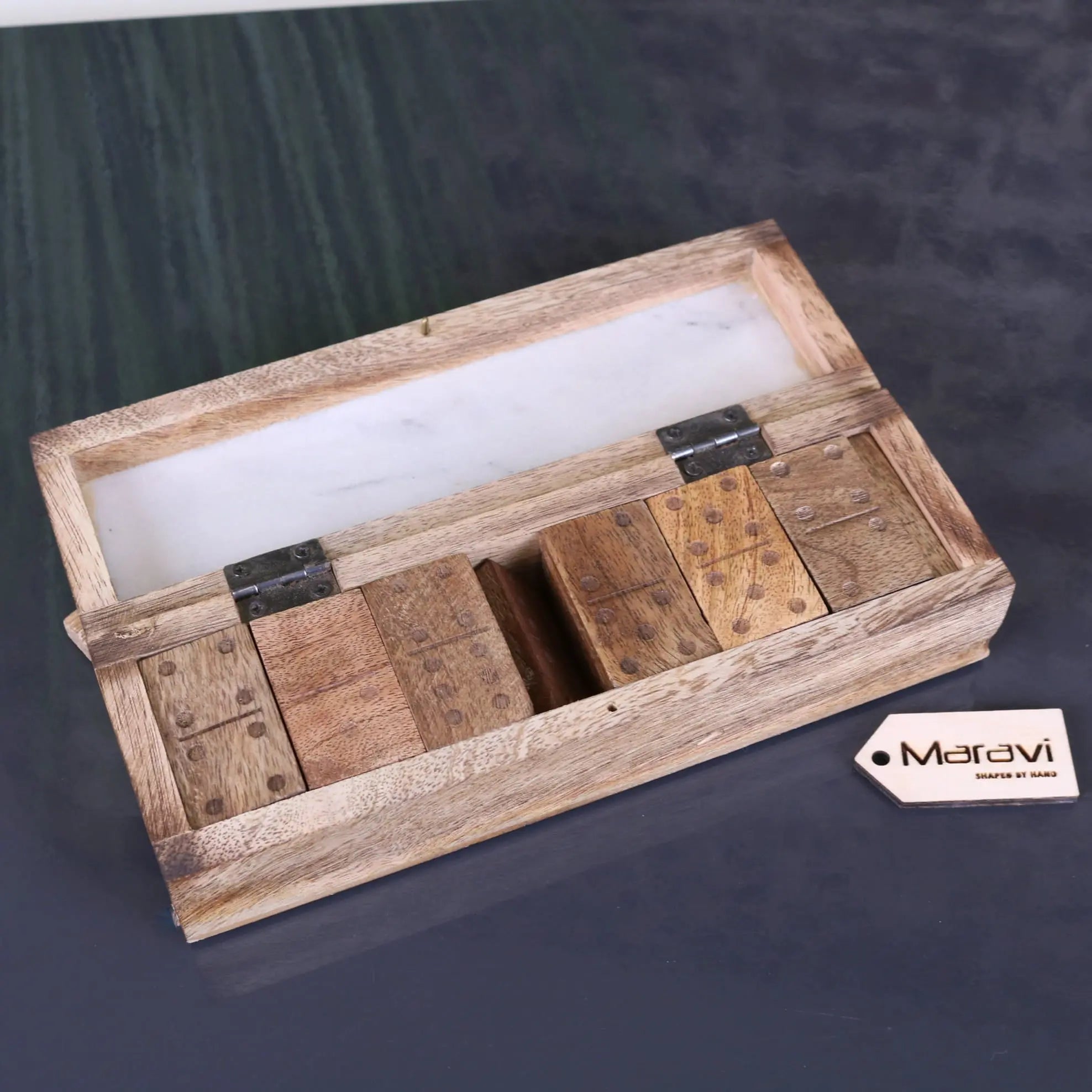 Rustic wooden dominoes set with brass hinges in a matching wood box lined with white marble from osian marble lid luxury dominoes set