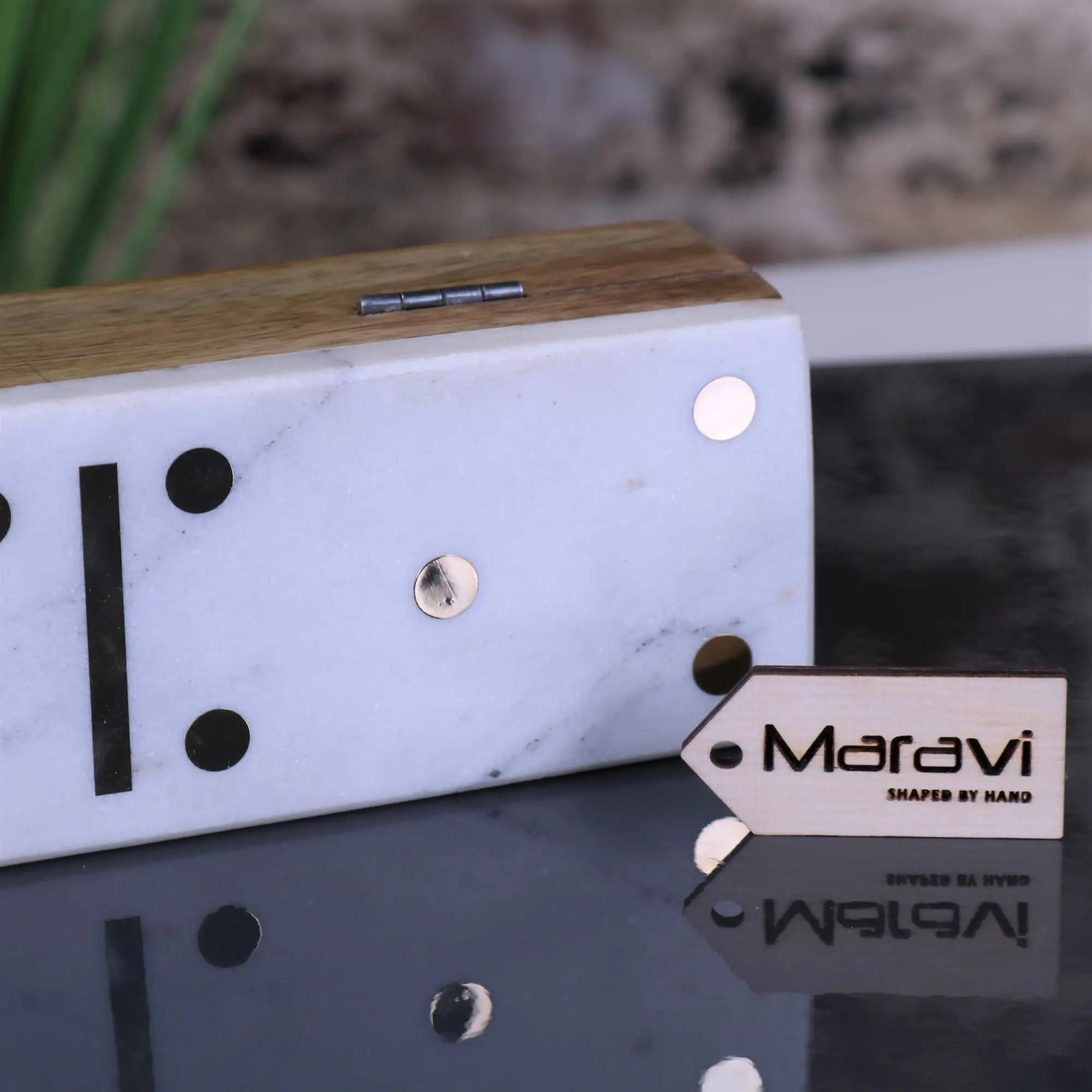 White marble dominoes set with wooden top and silver hardware in the osian marble lid luxury dominoes set