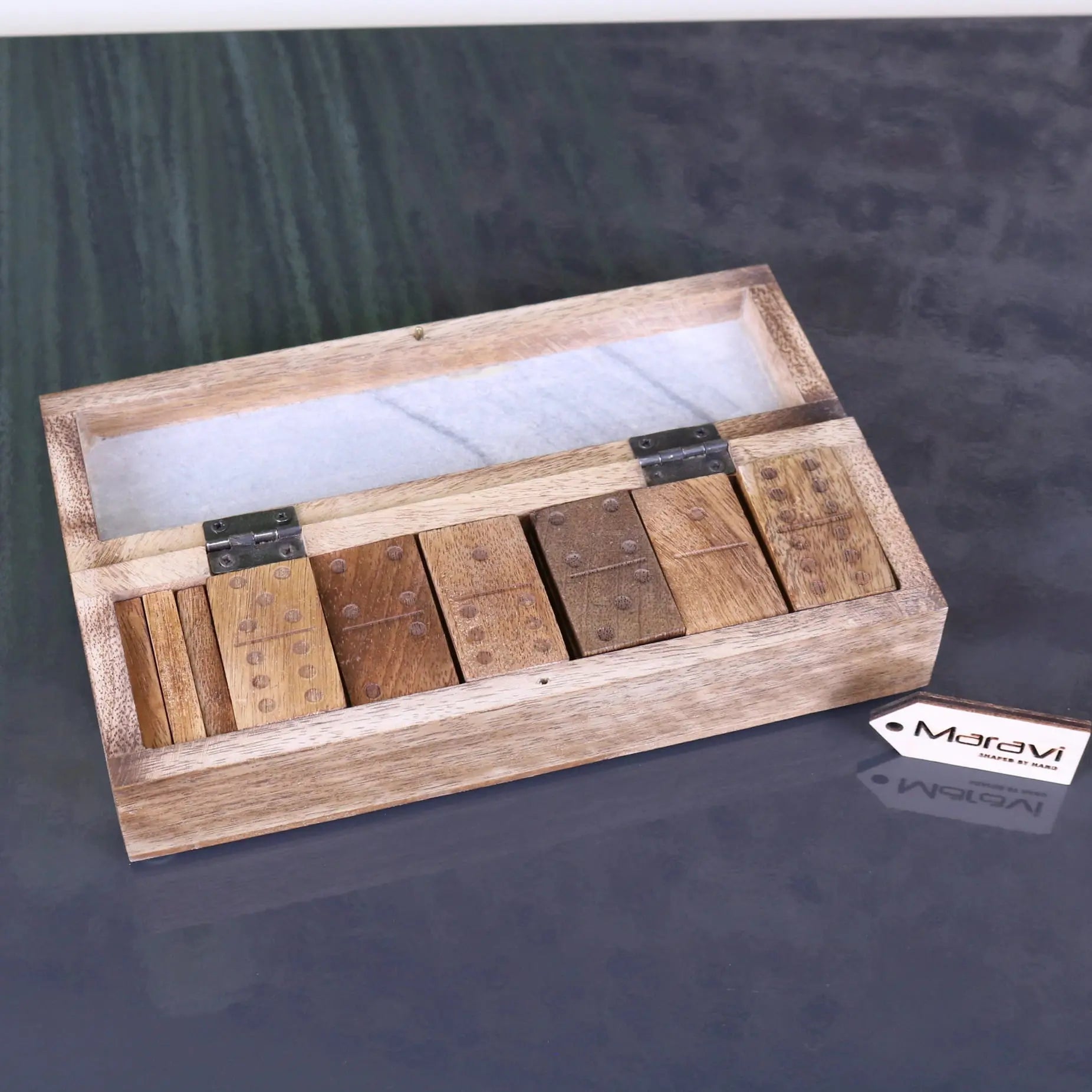 Wooden dominoes set with natural grain finish in a luxury dominoes set wooden box with marble interior