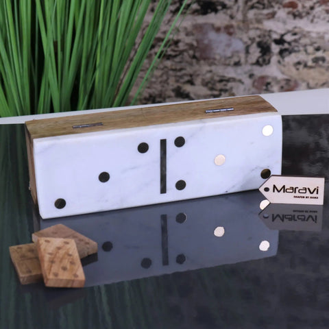 Osian marble lid luxury dominoes set with white marble box, wooden top, black dots, and brass hardware luxury dominoes set