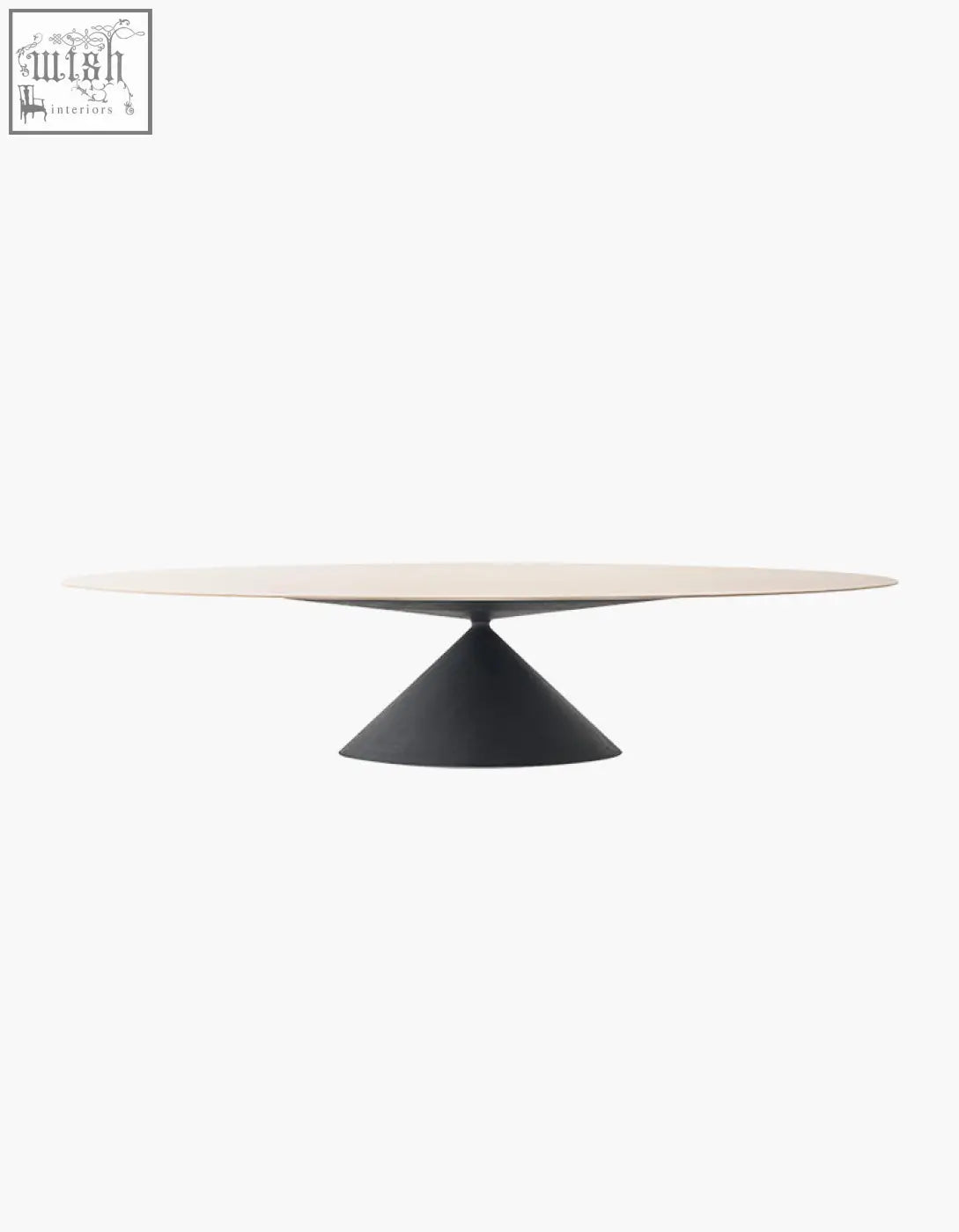 Osim oval dining table with matte black conical base and light beige marble oval dining top