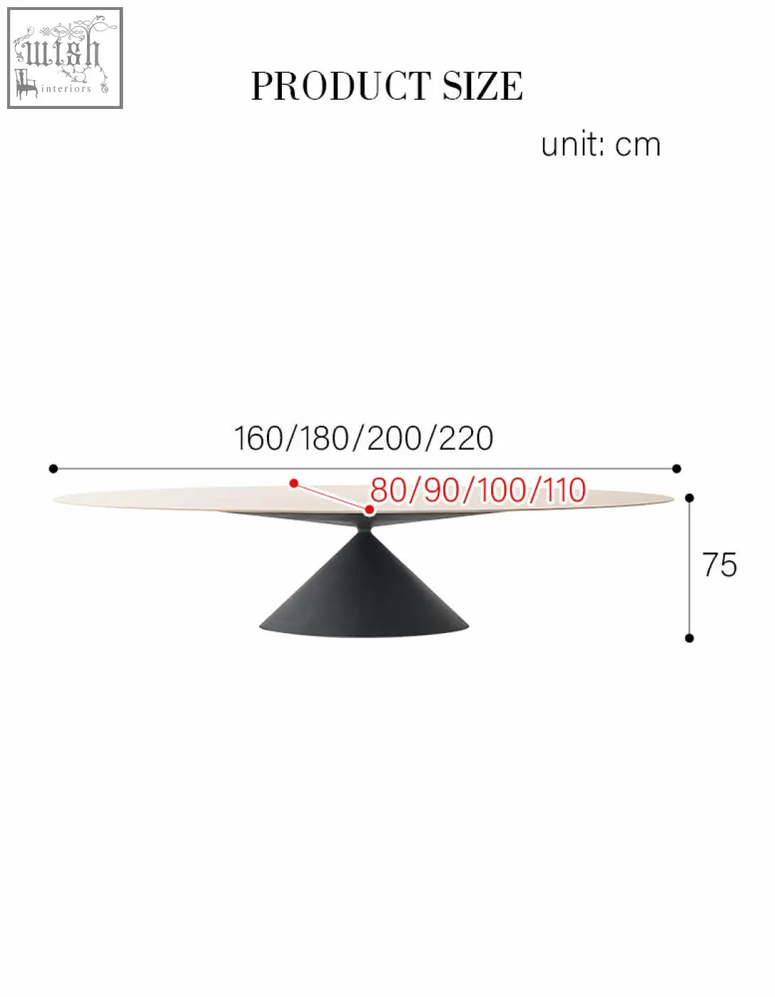 Osim oval dining table with a sleek white marble top and black conical base perfect for modern oval dining spaces