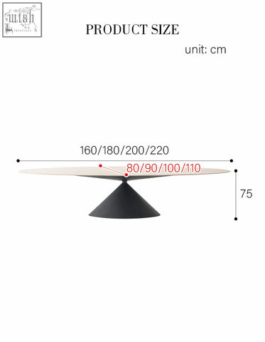 Osim oval dining table with a sleek white marble top and black conical base perfect for modern oval dining spaces