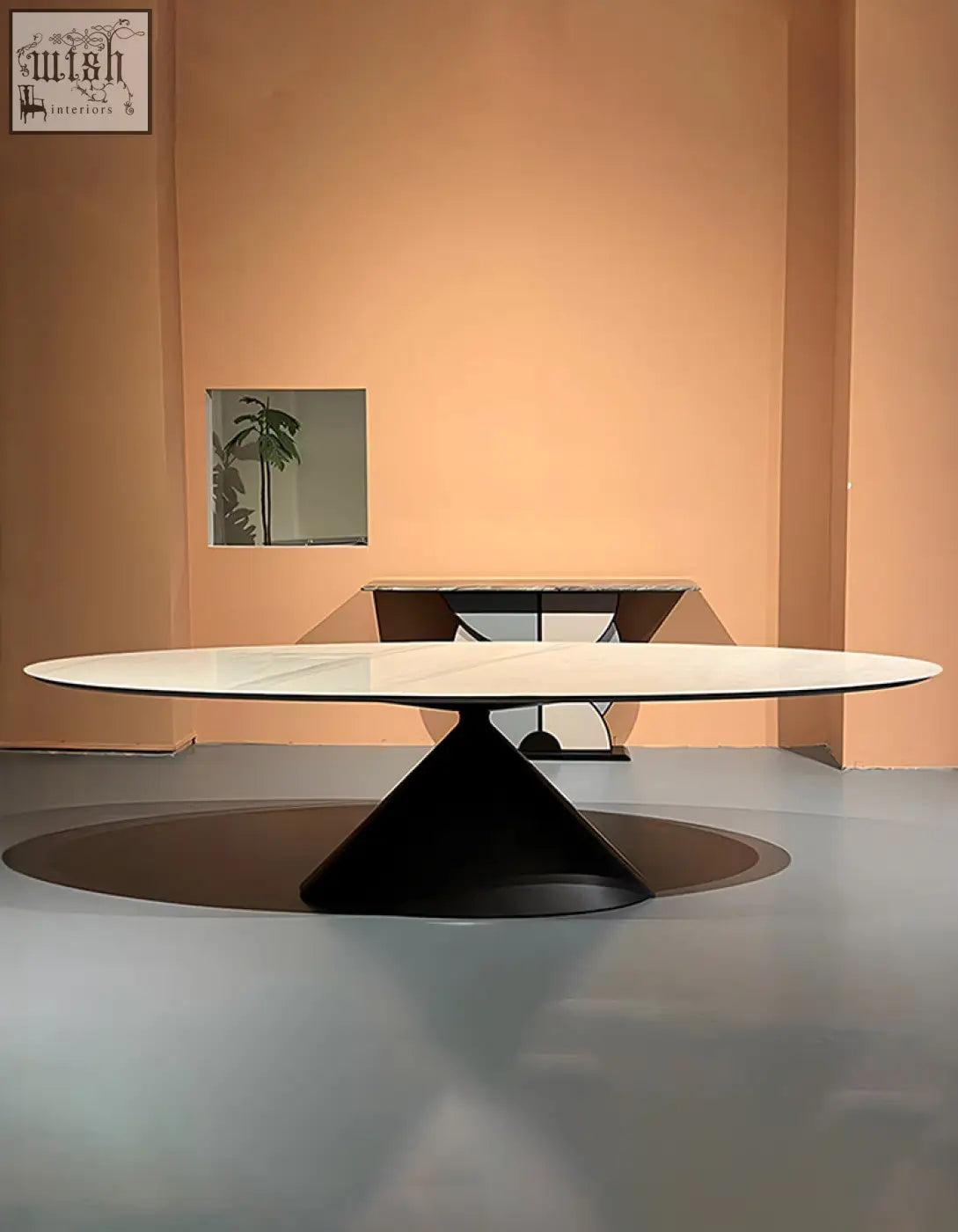 Osim oval dining table with sleek white marble top and bold black conical base perfect for modern dining spaces