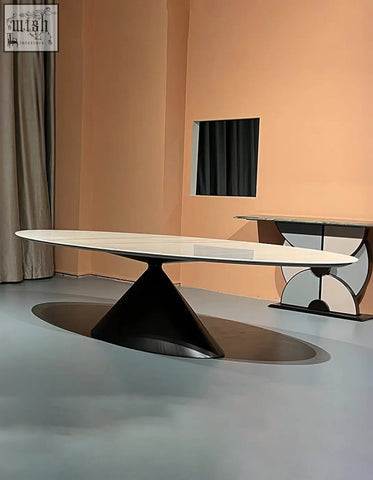 Osim oval dining table with white marble top and glossy black conical base modern oval dining table design