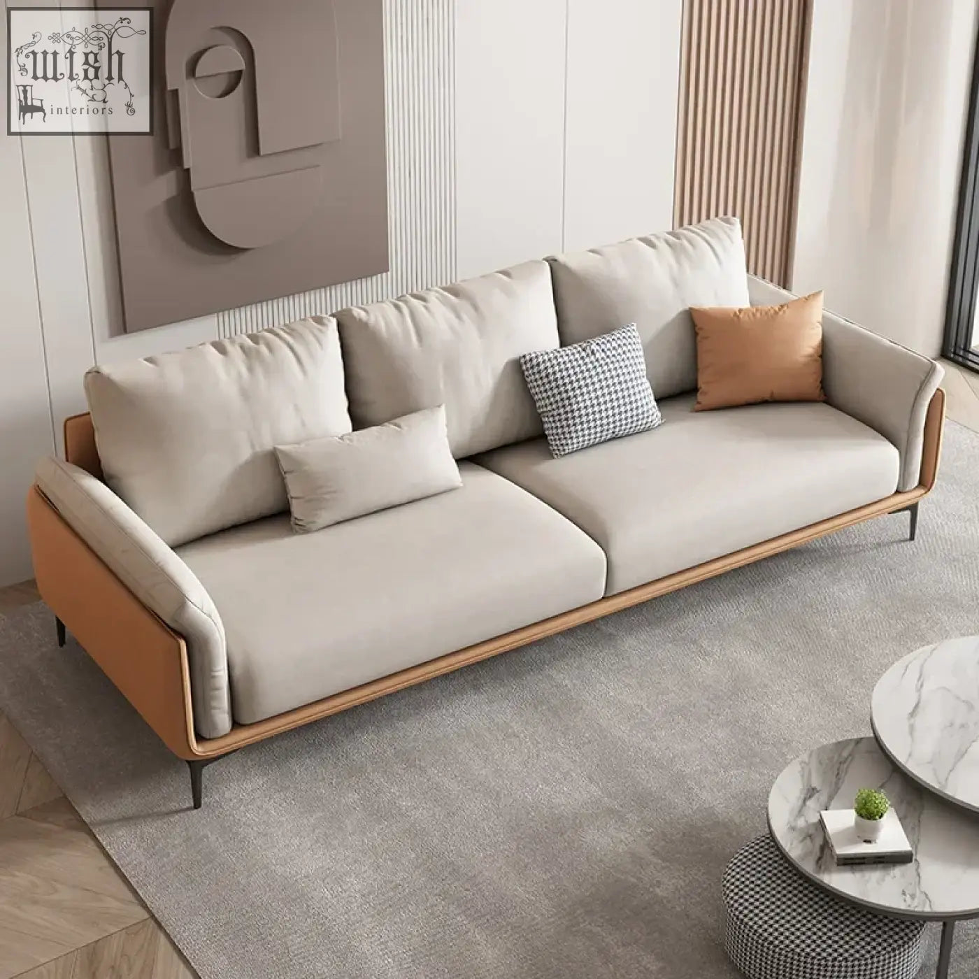 Oslon sofa with beige upholstered plush cushions wooden frame and orange leather accents minimalist design