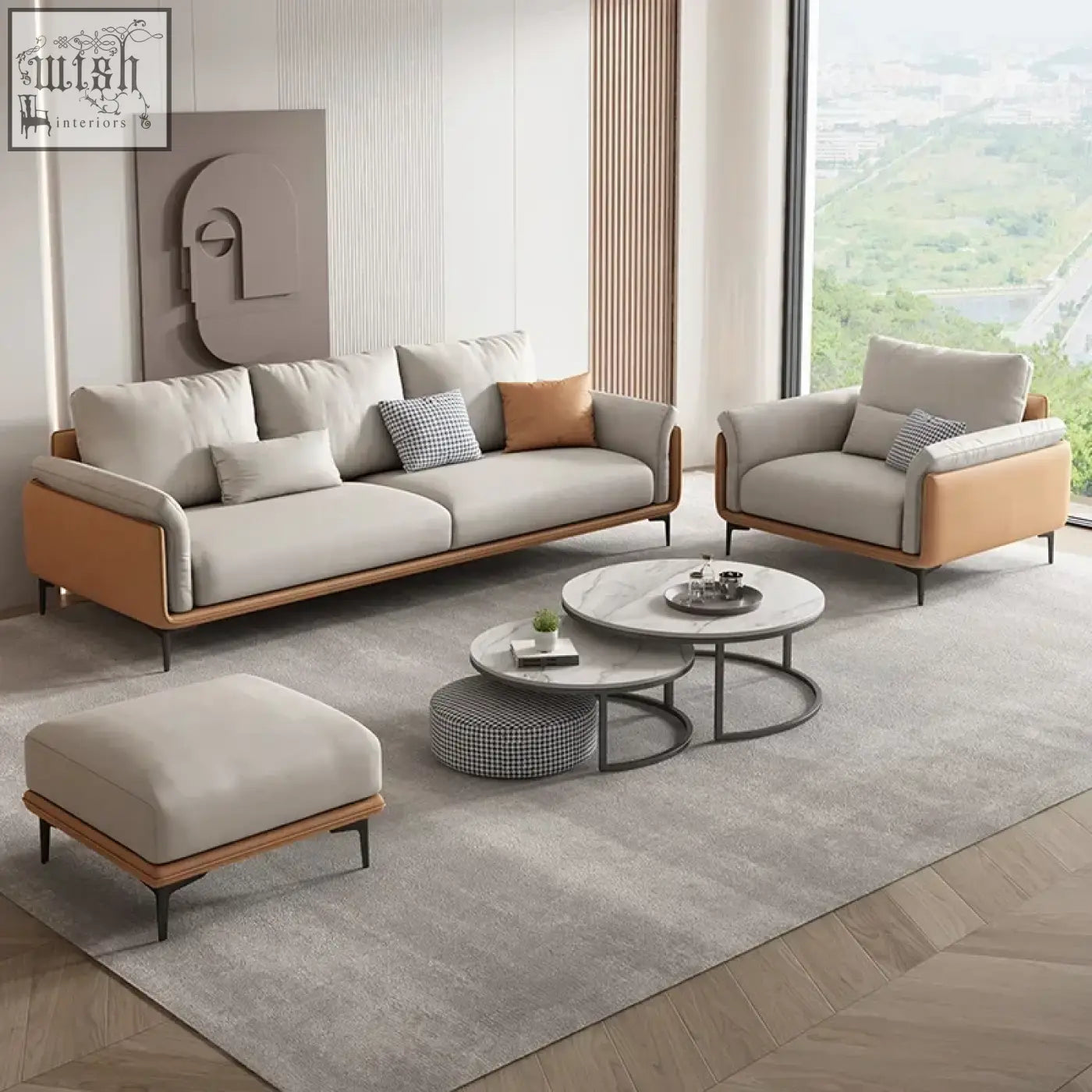 Modern beige oslon sofa and armchair with plush cushions wooden frame and minimalist design perfect for cozy living rooms