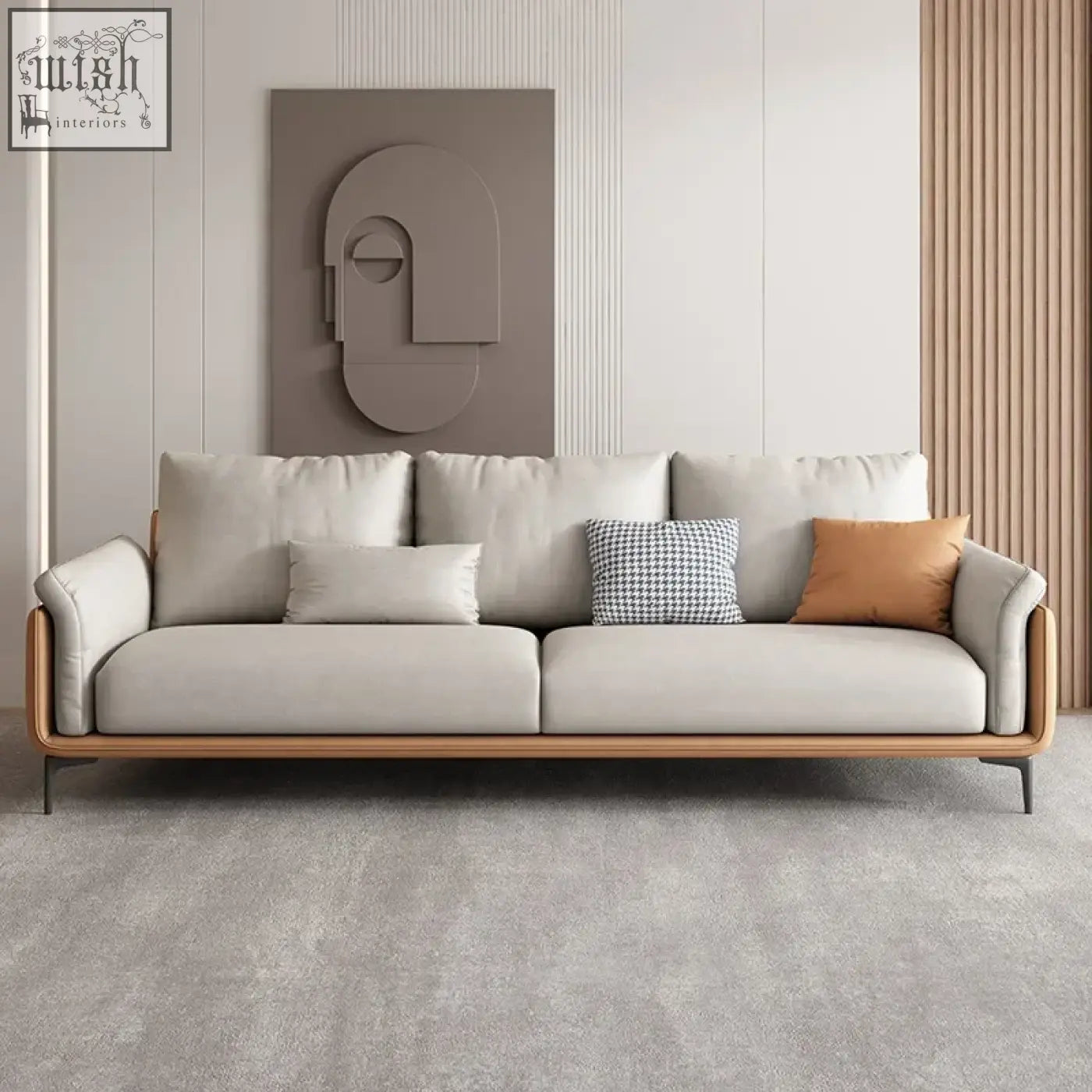 Modern beige oslon sofa with plush cushions wooden frame and sleek metal legs in minimalist design