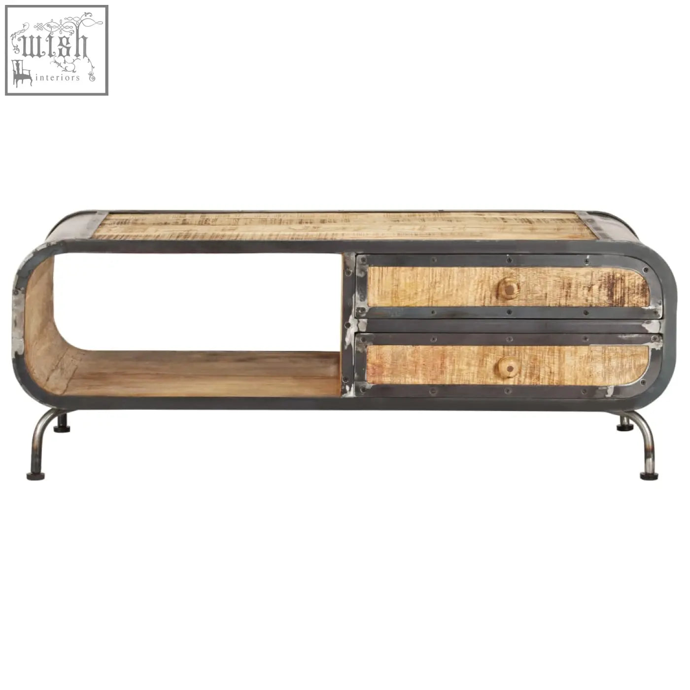 Industrial-style coffee table with curved rustic mango wood top and dark metal frame with two drawers solid mango