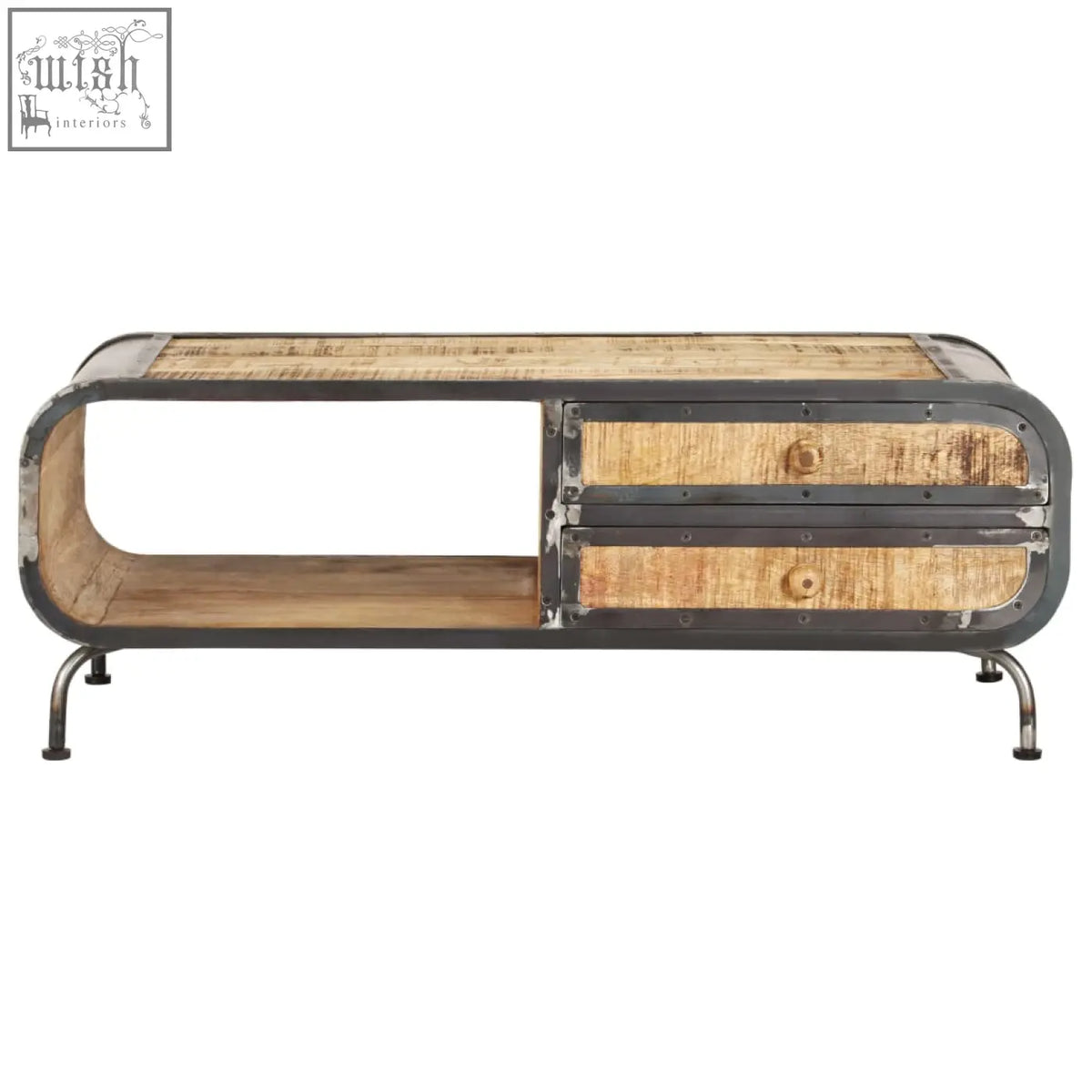 Industrial-style coffee table with curved rustic mango wood top and dark metal frame with two drawers solid mango