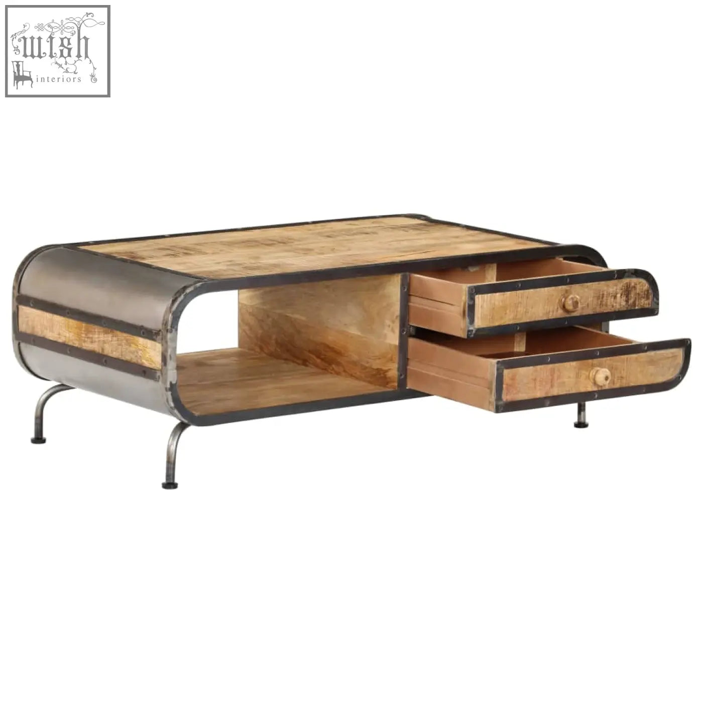 Industrial-style coffee table with rustic mango wood top and metal frame featuring two drawers with wooden knobs