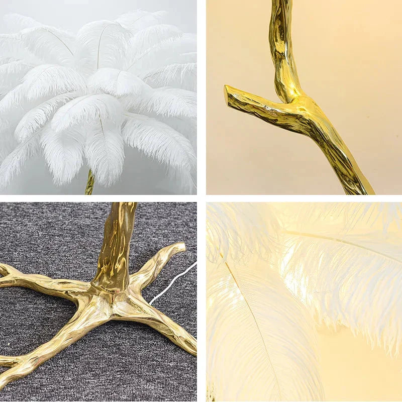 Golden tree-shaped feather floor lamp with white ostrich feathers perfect for living room decor