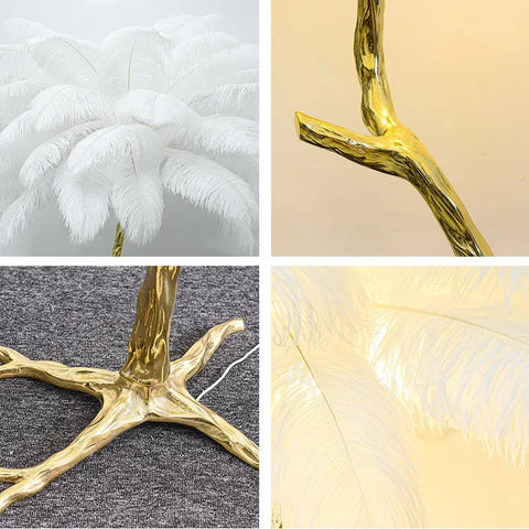 Golden tree-shaped feather floor lamp with white ostrich feathers perfect for living room decor