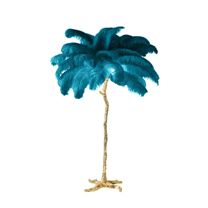 Teal ostrich feather floor lamp with gold-toned textured copper resin stem and base for bedroom bedside use