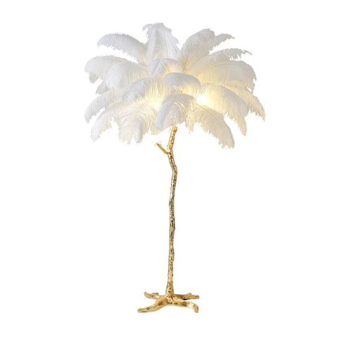 A white ostrich feather floor lamp with a gold-toned copper resin tree-like base perfect for bedroom lighting