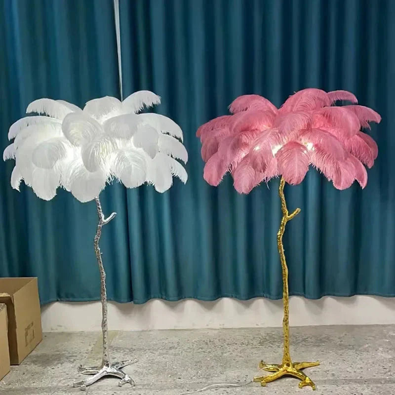 Elegant floor lamps with fluffy white and pink ostrich feathers on silver and gold copper resin tree-like bases
