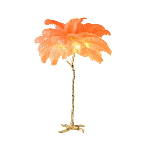 Orange ostrich feather floor lamp with copper resin gold tree-like stand perfect for bedroom bedside lighting