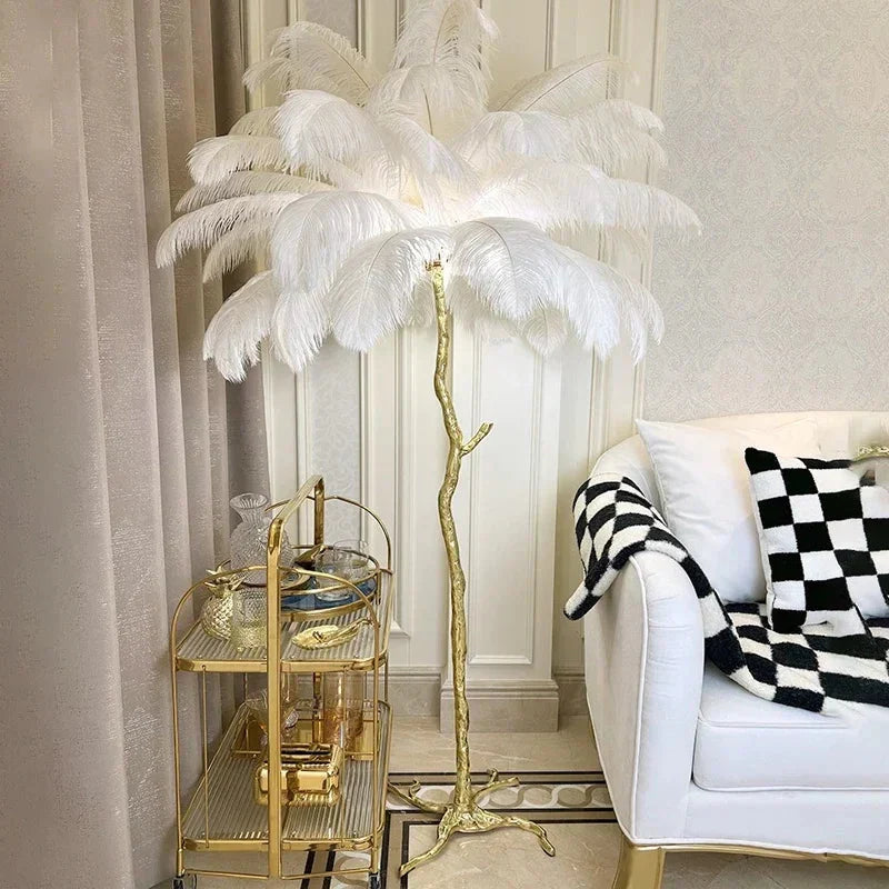 White ostrich feather floor lamp with gold copper resin tree-like stand perfect for bedroom bedside lighting