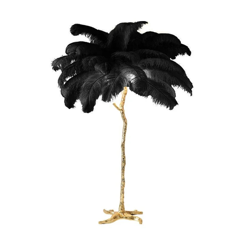 Black ostrich feather floor lamp with copper resin gold-toned branch-like stand perfect for bedroom lighting