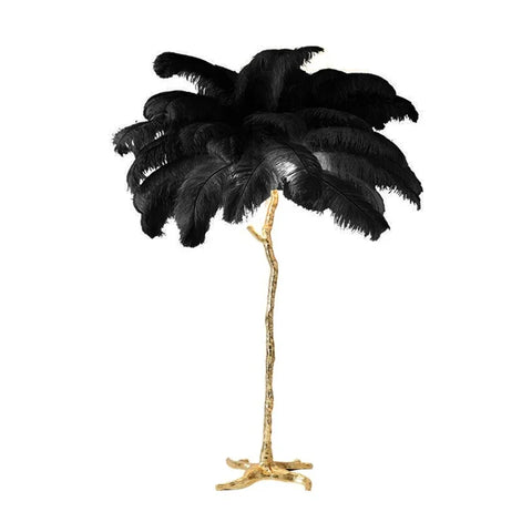 Black ostrich feather floor lamp with copper resin gold-toned branch-like stand perfect for bedroom lighting