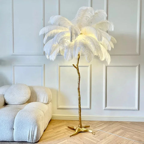 Elegant white ostrich feather floor lamp with a golden copper resin tree-like base perfect for bedroom bedside lighting