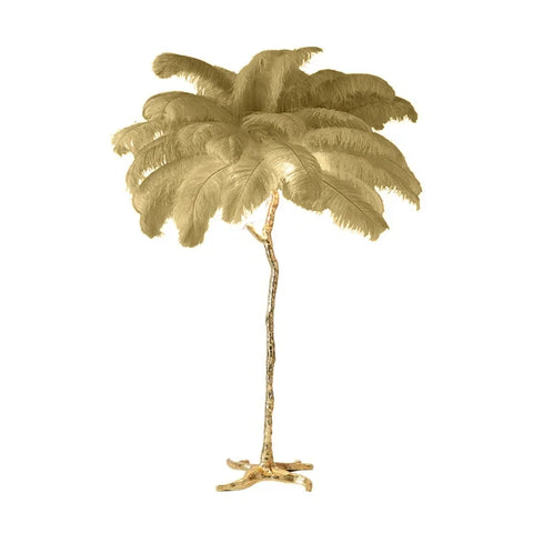 Golden ostrich feather floor lamp with copper resin textured stem and lush palm tree leaves for bedroom bedside use