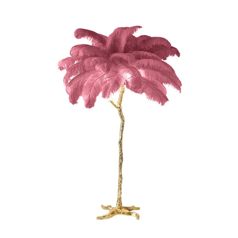 A tall floor lamp with a copper resin base and vibrant pink ostrich feather shade perfect for bedside lighting