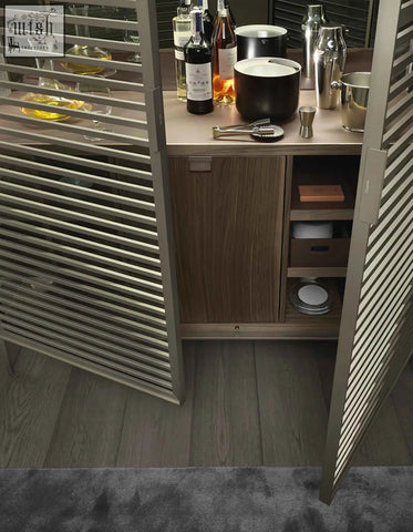 Modern O’Sullivan wine sideboard with wood grain doors and metallic panels for organized wine storage cabinet