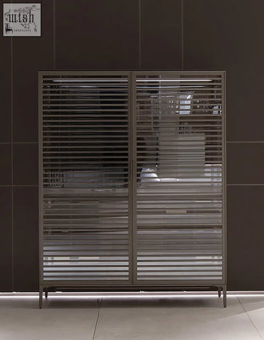 Modern gray metal o’sullivan wine sideboard with slatted doors perfect for stylish wine storage cabinet use