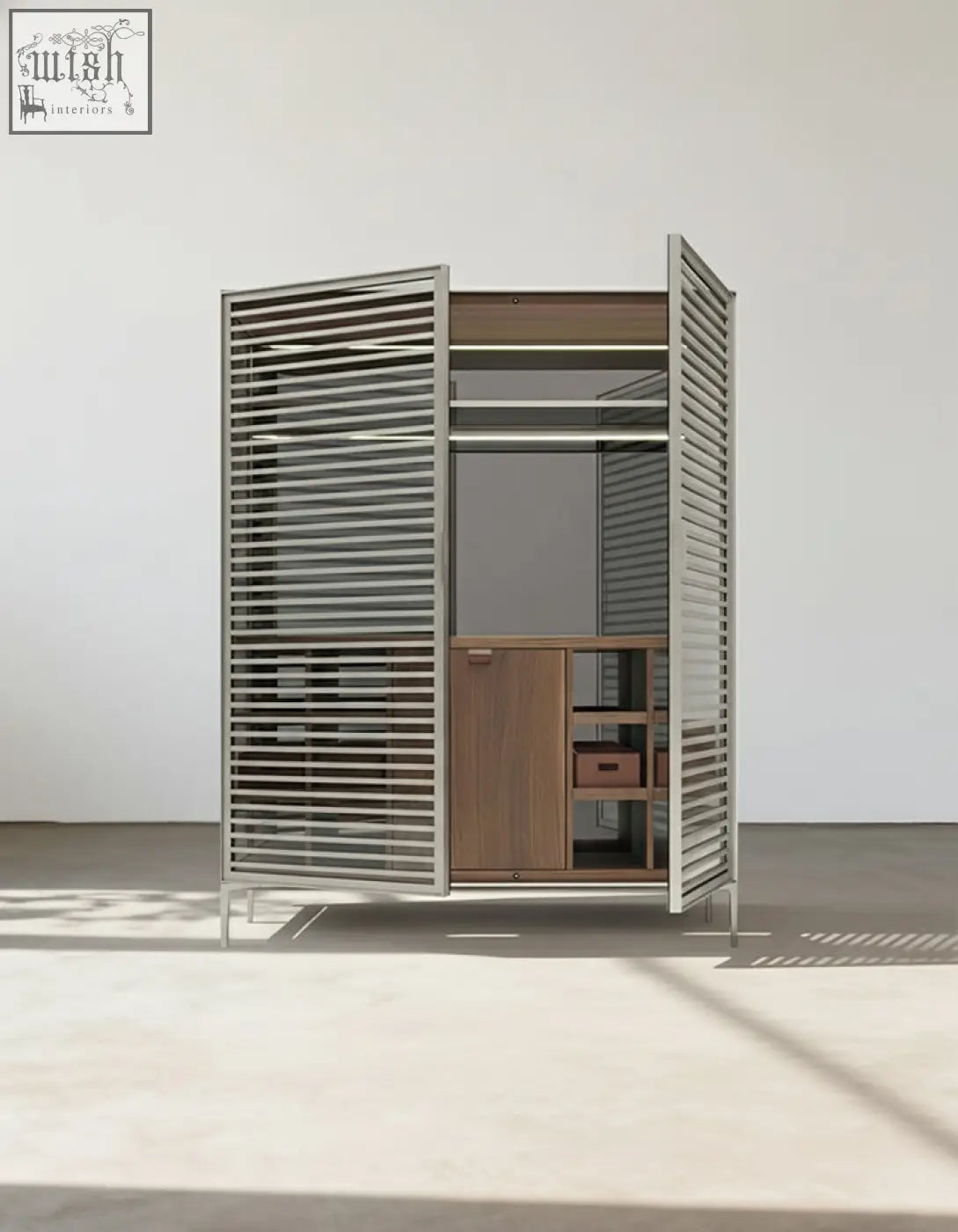 Modern minimalist o’sullivan wine sideboard with sleek silver metal slatted doors and warm wood shelves for wine storage cabinet