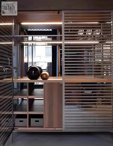 Modern minimalist wooden wine storage cabinet with sleek metal frame and integrated lighting for your wine collection