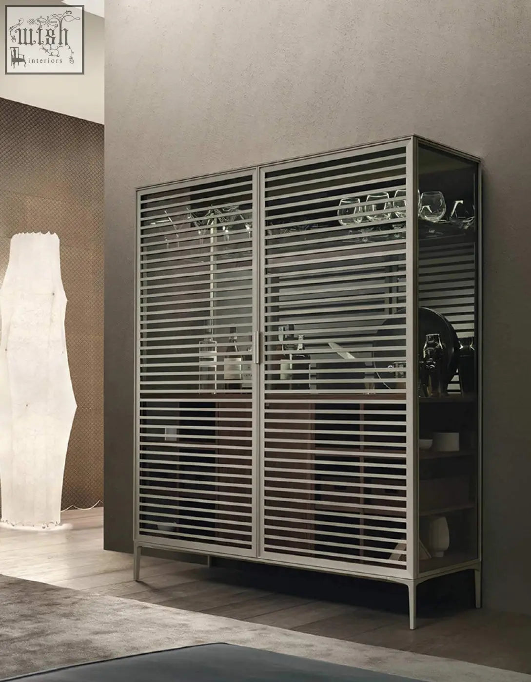 Modern silver-toned metal O’Sullivan wine sideboard with horizontal slatted glass doors for wine storage cabinet use