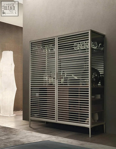 Modern silver-toned metal O’Sullivan wine sideboard with horizontal slatted glass doors for wine storage cabinet use