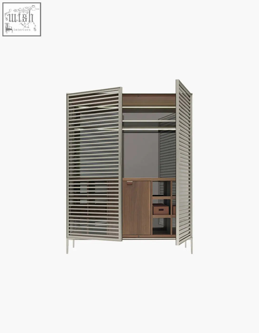 Modern O’Sullivan wine sideboard with slatted silver doors and warm wood shelves for stylish wine storage cabinet