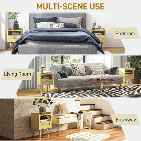 HOMCOM Set of Two Rattan Weave Bedside Tables - Wood Effect
