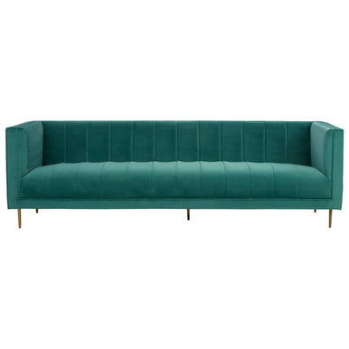 Emerald green velvet otylia 3-seat green sofa with tufted back and seat and slim gold-tone legs