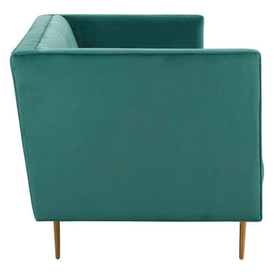 Teal velvet armchair with slender wooden legs complementing the otylia 3-seat green sofa green sofa design