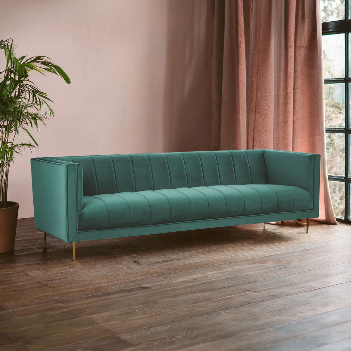 Otyila 3-seat green sofa with teal velvet tufted back and seat and slender gold legs for stylish seating