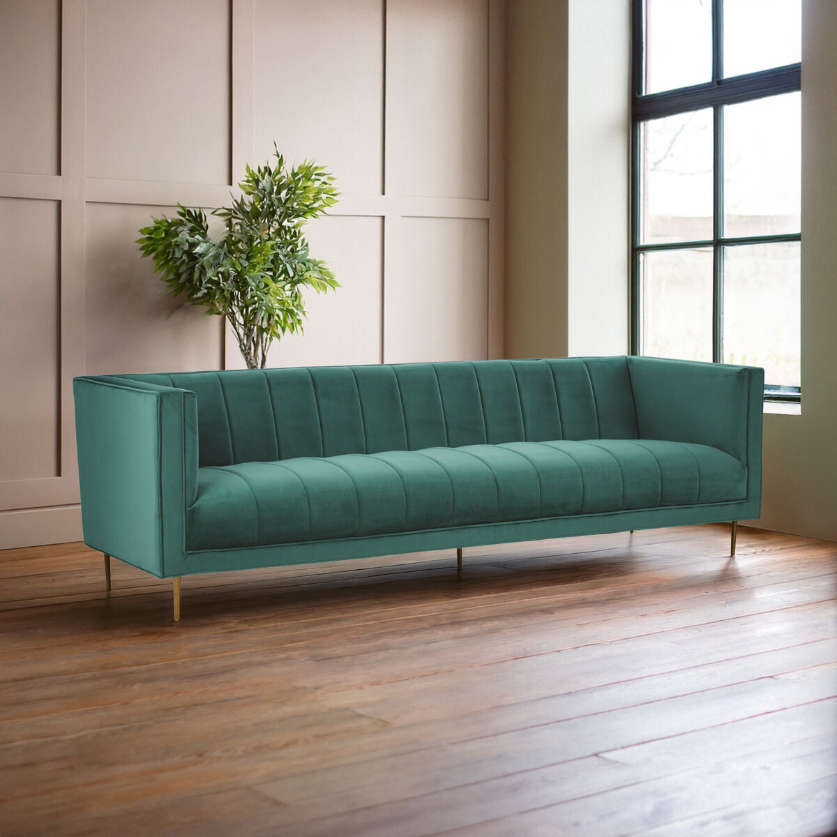 Otylia 3 seat green sofa with teal velvet tufted back and seat supported by slender gold legs green sofa