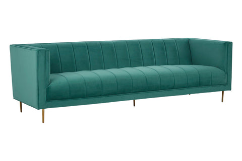 Teal velvet otylia 3-seat green sofa with tufted back and seat on slender gold-tone legs in a 3-seat green sofa design