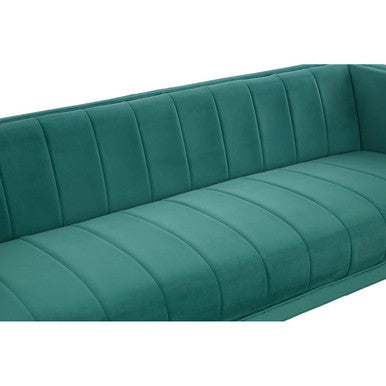 Teal velvet otylia 3-seat green sofa with vertical tufting on back and horizontal channels on seat for cozy seating
