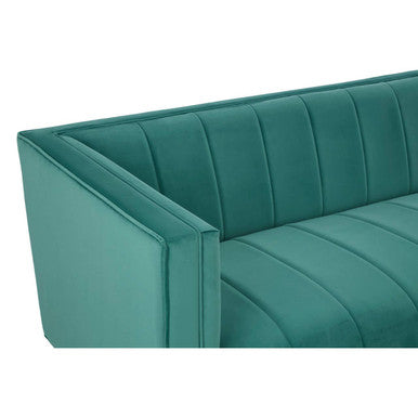 Teal velvet otylia 3 seat green sofa with vertical channel tufting and plush cushioning for comfy seating